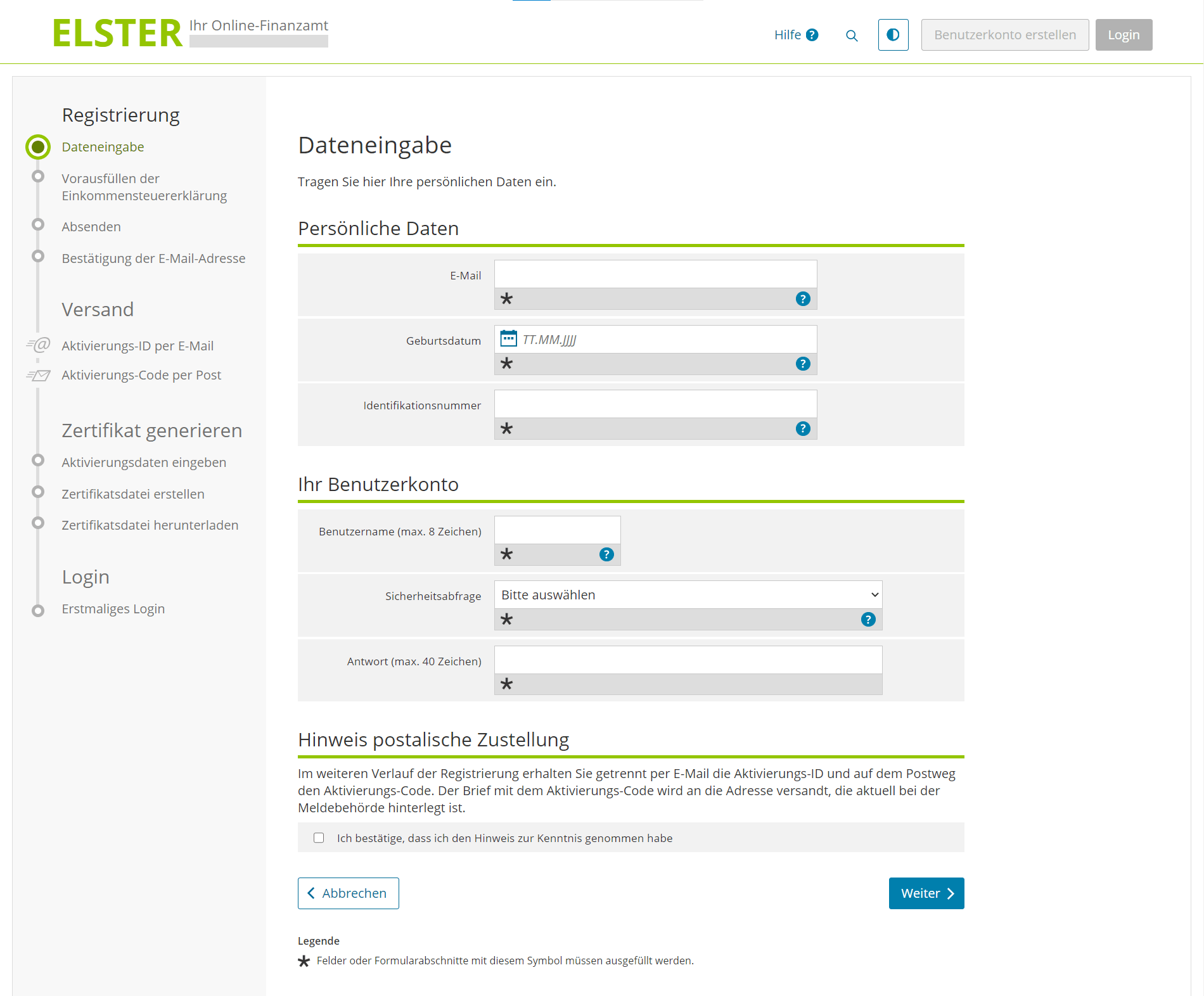 Registrierung bei Elster Online